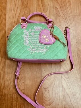 Juicy Couture Juicy Tale Crossbody Green Pink Quilted Velour Bag NWT